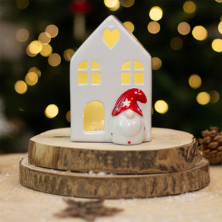 White Ceramic LED Christmas House with Gonk | Light Up Festive Decoration - 11cm