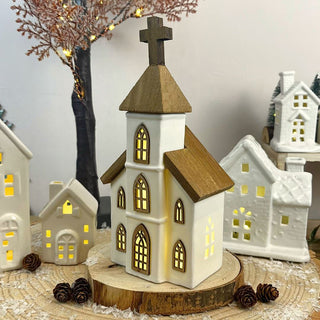 LED Ceramic Christmas Church | Light Up Ceramic & Wood Chapel Ornament - 23cm