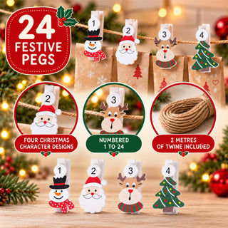 Christmas Advent Calendar Peg Set with Twine, 24 Numbered Wooden Clips