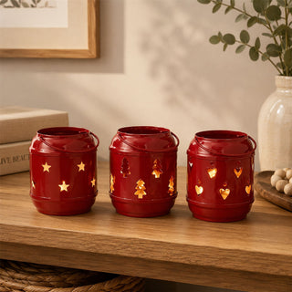 Set of 3 Red Metal Tealight Candle Hanging Lanterns, Moroccan Style Cut-Out