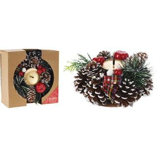 Christmas Wreath Advent Candle Holder | Berry & Pinecone Candle Holder - 15cm