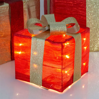 Set Of 3 LED Light Up Christmas Present Boxes | 3 Piece Red & Gold Light Up Xmas LED Gift Boxes | LED Christmas Parcels Christmas Decorations