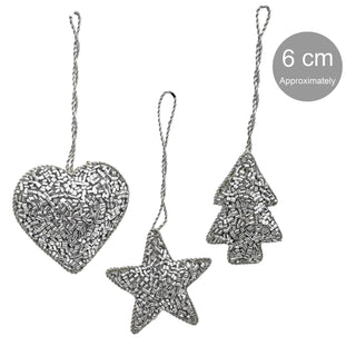 Set of 3 Christmas Tree Hanging Decorations | Silver Baubles Star Tree Heart