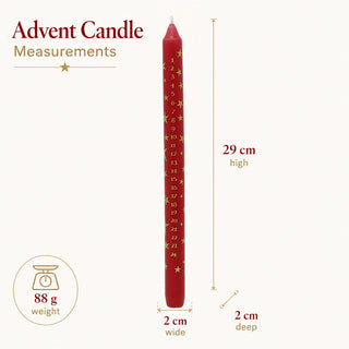Red Christmas Advent Candle, Festive Gold Star Countdown Dinner Candle
