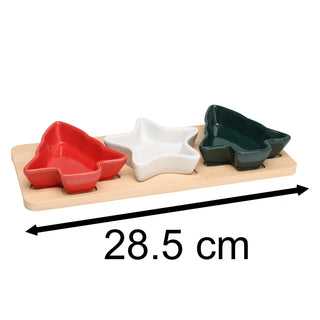Christmas Serving Set | 3 Ceramic Snack Bowls with Bamboo Paddle Tray