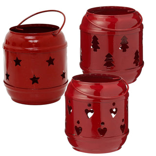 Set of 3 Red Metal Tealight Candle Hanging Lanterns, Moroccan Style Cut-Out