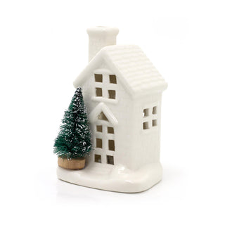 Mini White Ceramic LED Christmas House with Trees Ornament | Light up Decoration