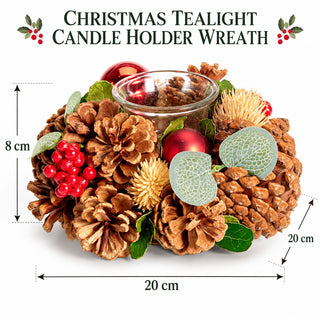 Christmas Tealight Candle Holder Wreath, 20 cm Glass Cup & Pine Cones