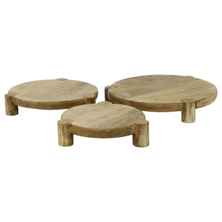 Set of 3 Round Mango Wood Serving Platters, Raised Serving Boards