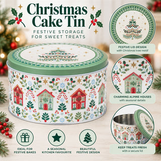 Alpine Houses Christmas Cake Tin, 23cm Round Gisela Graham Storage Tin