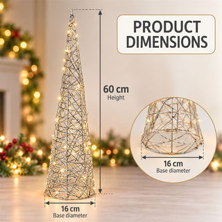 Silver LED Cone Christmas Tree Decoration 60cm, Battery Operated Timer