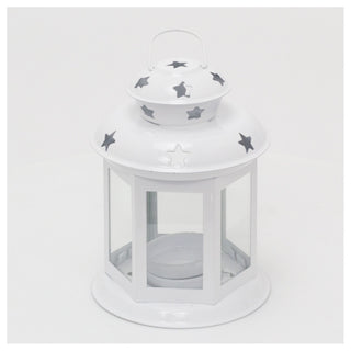 13cm Metal Lantern Tealight Holder | Hanging Outdoor Indoor Tea Light Lantern | Star Tealight Candle Holder - White