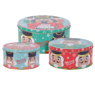 Set of 3 Christmas Storage Tins | 3-piece Nutcracker Round Kitchen Nesting Tins