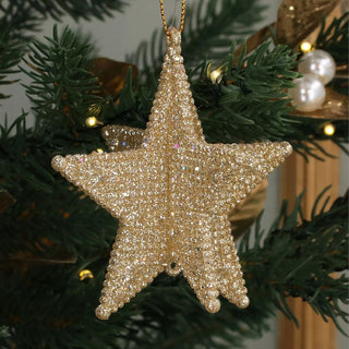 Gold Beaded Star Bauble | Gold Glitter 3D Star Christmas Tree Ornament - 9cm