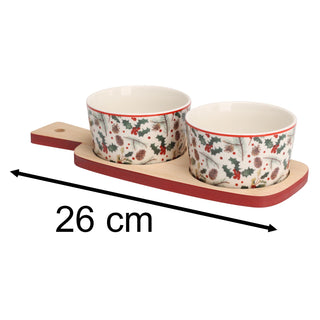 Christmas Mistletoe Serving Set | 2 Ceramic Snack Bowls with Bamboo Paddle Tray