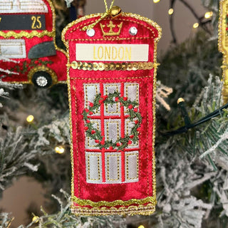 London Phone Box Bauble | Luxury Fabric Christmas Tree Hanging Ornament - 11cm