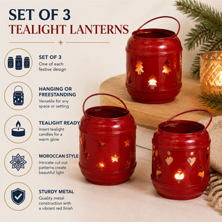 Set of 3 Red Metal Tealight Candle Hanging Lanterns, Moroccan Style Cut-Out