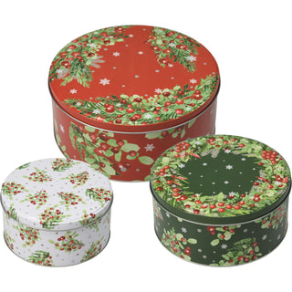 Set of 3 Holly Christmas Tins | Festive Round Nesting Cookie & Storage Tins