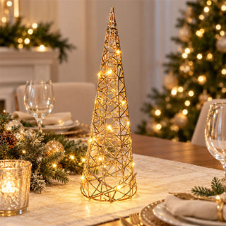 Gold LED Cone Christmas Tree Decoration 40cm, Battery Operated Timer