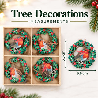 Set of 8 Wooden Robin In Wreath Christmas Tree Decorations, Gisela Graham 5.5cm