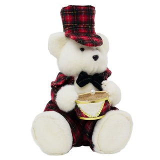 Sitting Christmas Bear Decoration | Fluffy Bear in Tartan Uniform with Drum
