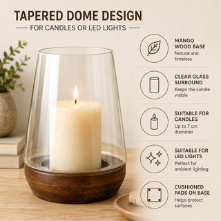 Mango Wood & Glass Hurricane Tea Light Candle Lantern, Hurricane Candle Holder