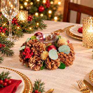 Christmas Tealight Candle Holder Wreath, 20 cm Glass Cup & Pine Cones