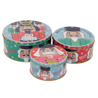 Set of 3 Christmas Storage Tins | 3-piece Nutcracker Round Kitchen Nesting Tins