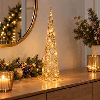 Gold LED Cone Christmas Tree Decoration 60cm, Battery Operated Timer