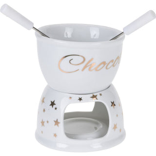 Chocolate Fondue Set | White Ceramic Tea Light Candle Fondue Pot with 2 Forks