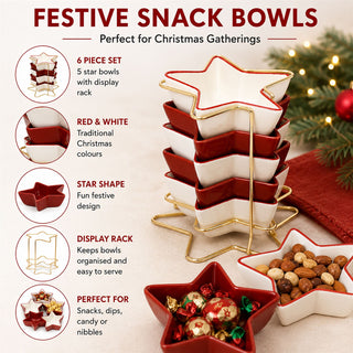 Star-Shaped Set of Snack Bowls, Ceramic Christmas Serving Bowls with Rack