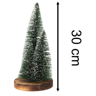 LED Bottle Brush Christmas Trees on Wooden Base | Snowy Green Light-Up Trees