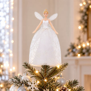 Christmas Tree Fairy Topper, Gisela Graham White Snowflake Glitter Resin 19cm