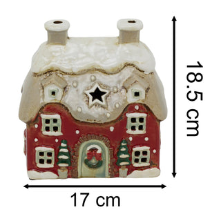 Red Stoneware Christmas House Tealight Holder | Christmas Candle Holder House
