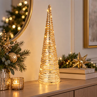 Gold LED Cone Tree Ornament 60cm, 40 Warm White Lights Battery Operated