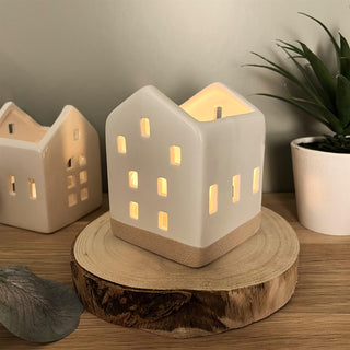 Ceramic House Shaped with Natural Base | Christmas Tealight Candle Holder