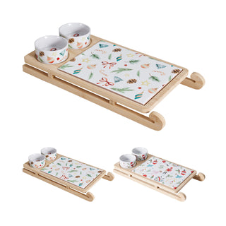 Christmas Sleigh Serving Board Set with Ceramic Platter and 2 Bowls, 33.5 cm