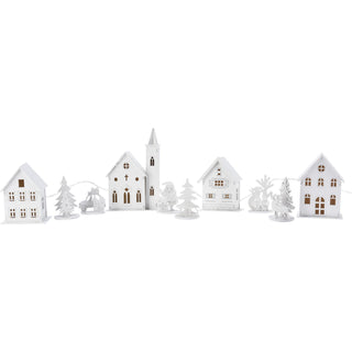 LED Christmas Village | 10-Piece Wooden Christmas Scene with 4 Light-Up Houses