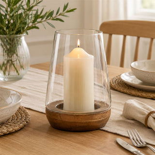 Mango Wood & Glass Hurricane Tea Light Candle Lantern, Hurricane Candle Holder