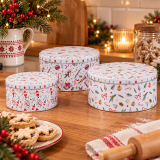 Set of 3 Round Christmas Nesting Tins for Biscuits and Festive Treats