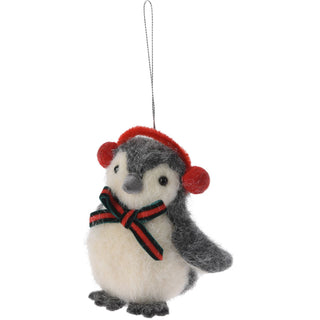 Penguin Christmas Bauble | Grey Wool Penguin Christmas Tree Ornament - 11cm