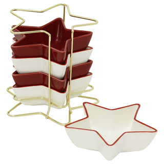 Star-Shaped Set of Snack Bowls, Ceramic Christmas Serving Bowls with Rack