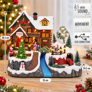 LED Christmas Reindeer Lodge Snow Scene with Movement and Music, 35cm Wide