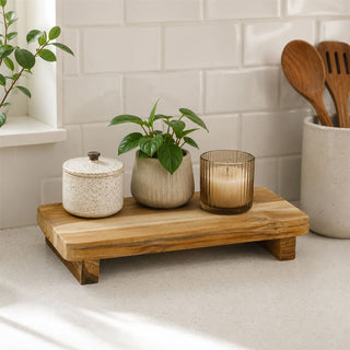 Teakwood Decorative Riser 31.5cm, Footed Natural Wood Display Stand