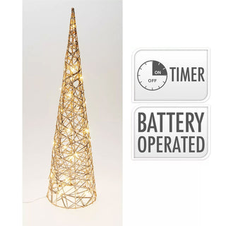 Gold LED Cone Christmas Tree Decoration 60cm, Battery Operated Timer