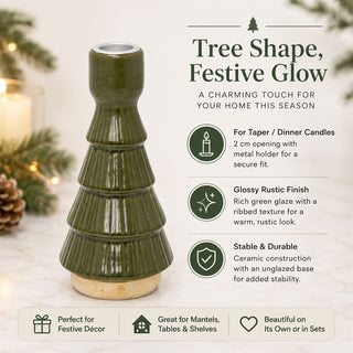 Christmas Tree Candle Holder, 16cm Green Candlestick Holder with Metal Cup
