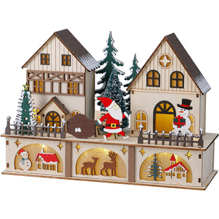LED Christmas Village Decoration, 27cm Wooden Light Up Houses with 6/18h Timer