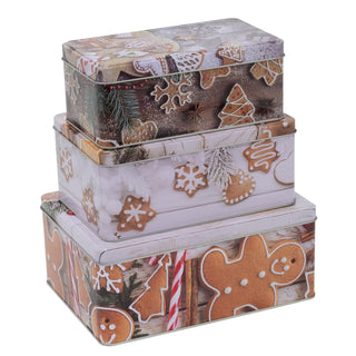 Set of 3 Gingerbread Christmas Storage Tins | Festive Rectangle Nesting Tins