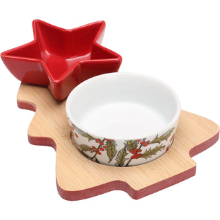 Christmas Tree Serving Set with 2 Ceramic Snack Bowls and Wooden Tray, 3-Piece