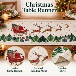 Santa's Sleigh Christmas Table Runner, Gisela Graham Festive Fabric 140cm x 40cm